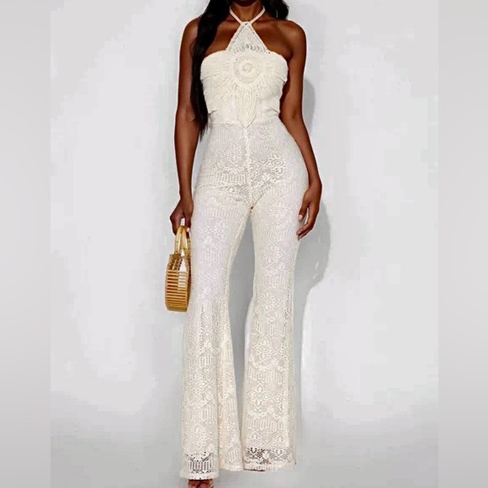 Women’s Cream Crochet Halter Jumpsuit
